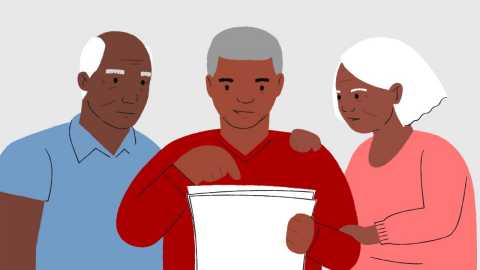 an illustration showing a younger man pointing to a stack of papers while two older people look on