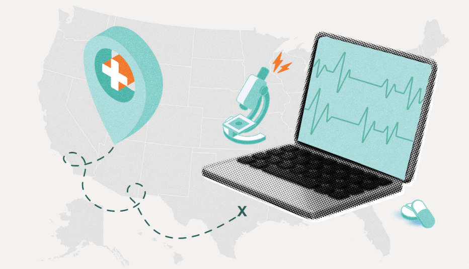united states map with a laptop microscope and healthcare map pointer