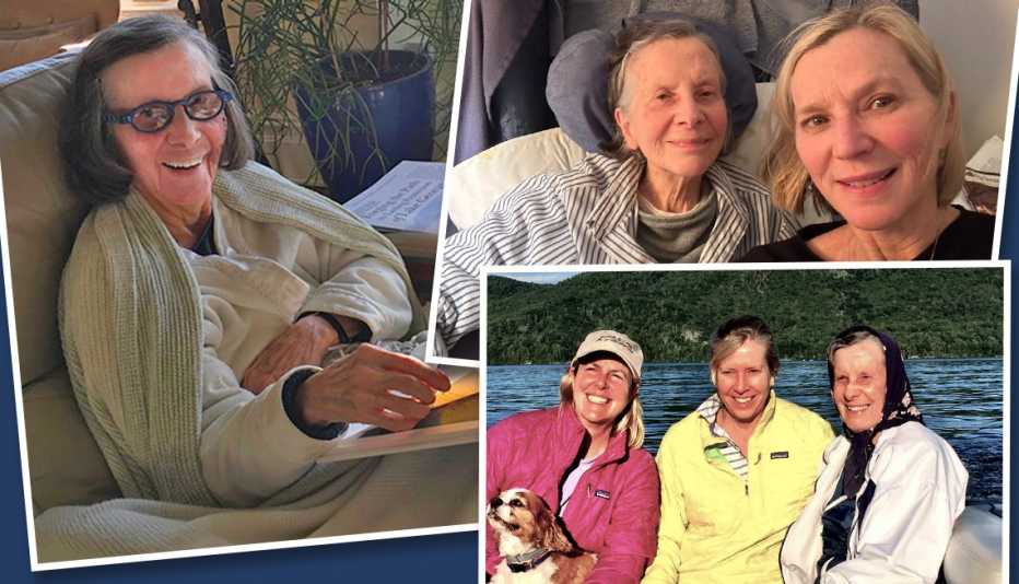 Terry McConaughy relaxing at her daughter Nancy’s house in Tarrytown, New York; Lee and her mom, Terry; Lee’s sisters Nancy McLoughlin and Megan Lucier with Terry 
