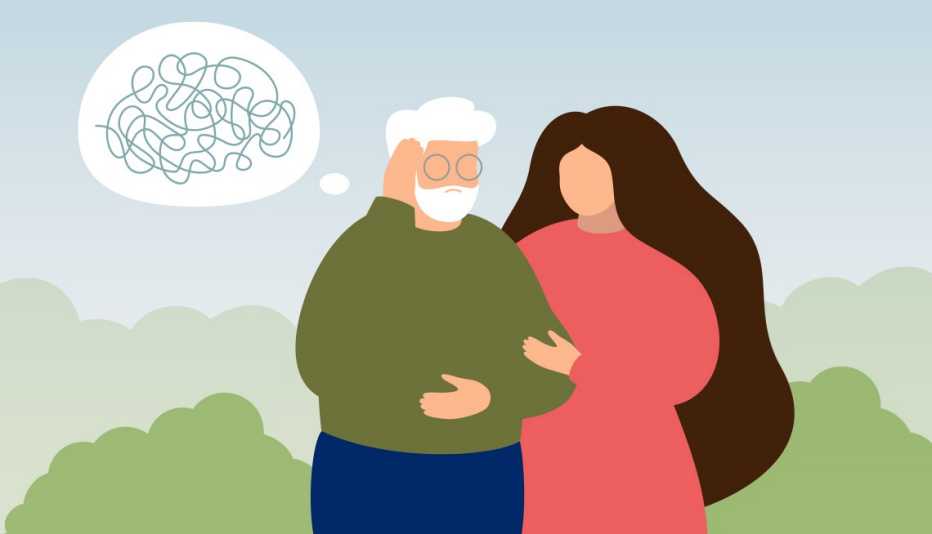 woman holding the arm of her father who is showing confusion and may have dementia