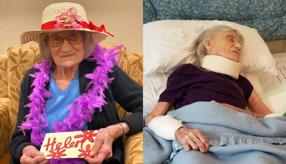 side by side image. on left helen smiling wearing a Hawaiian leion right helen laying sick in a hospital bed
