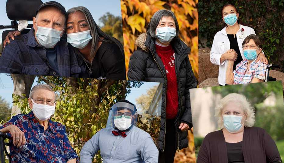 A collage of five different nursing home workers and residents