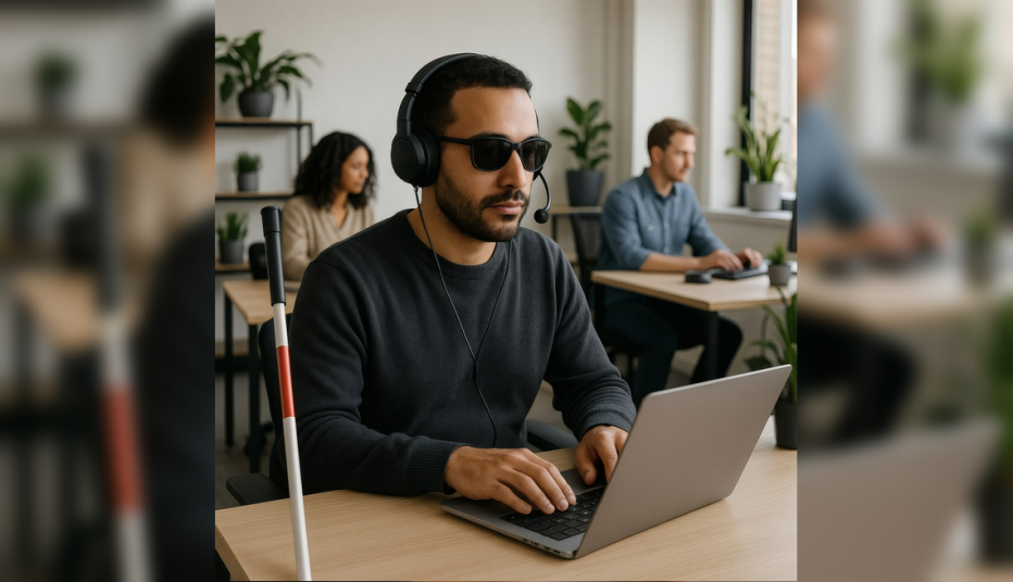 Blind man with headphones on using a laptop