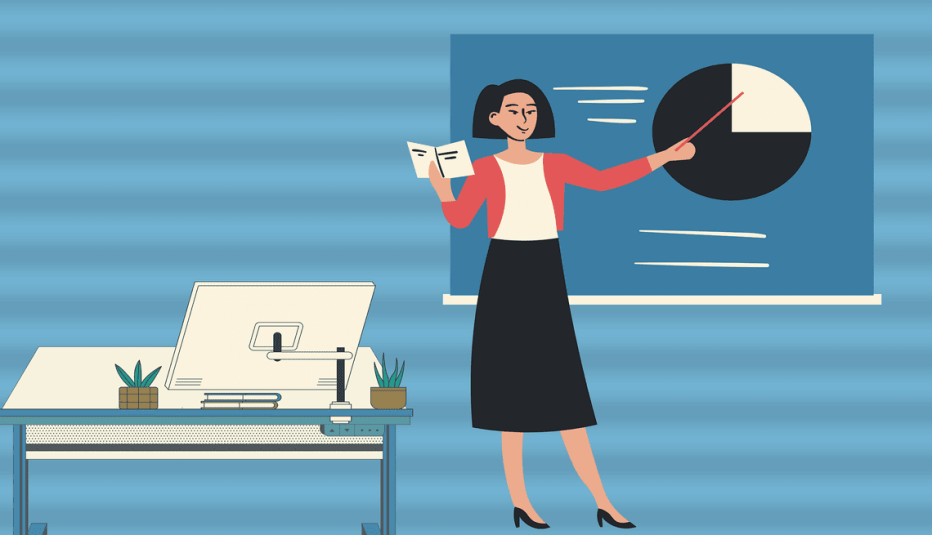 Animation of a lady pointing at a board