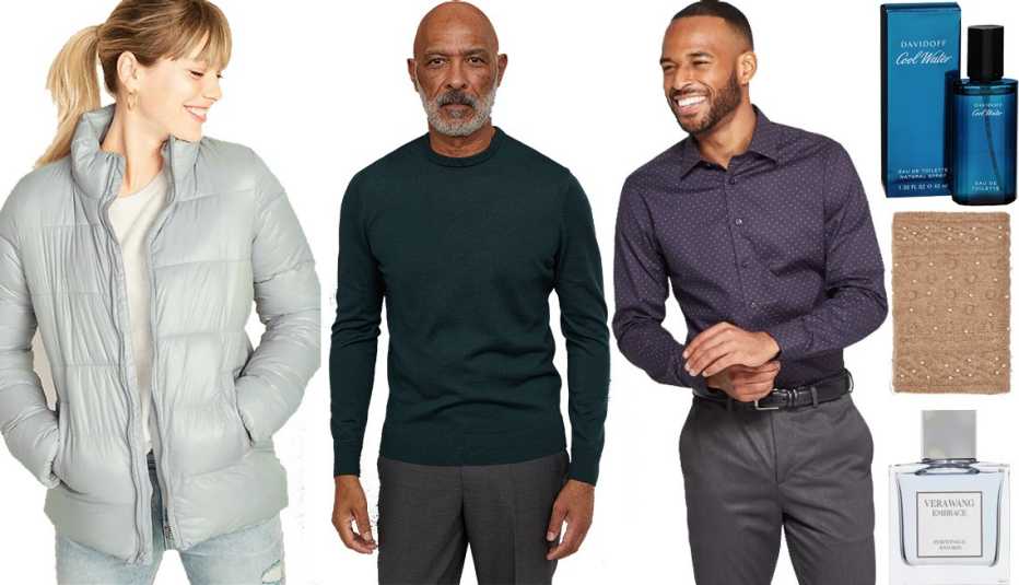 Old Navy Frost-Free Puffer Jacket for Women, H&M Merino Wool Sweater, Goodfellow & Co Men's Plaid Standard Fit Non-Iron Dress Shirt, Davidoff Cool Water Eau de Toilette for Men, Zara Cable Knit Scarf with Pearls, Embrace Periwinkle & Iris Eau de Toilette 