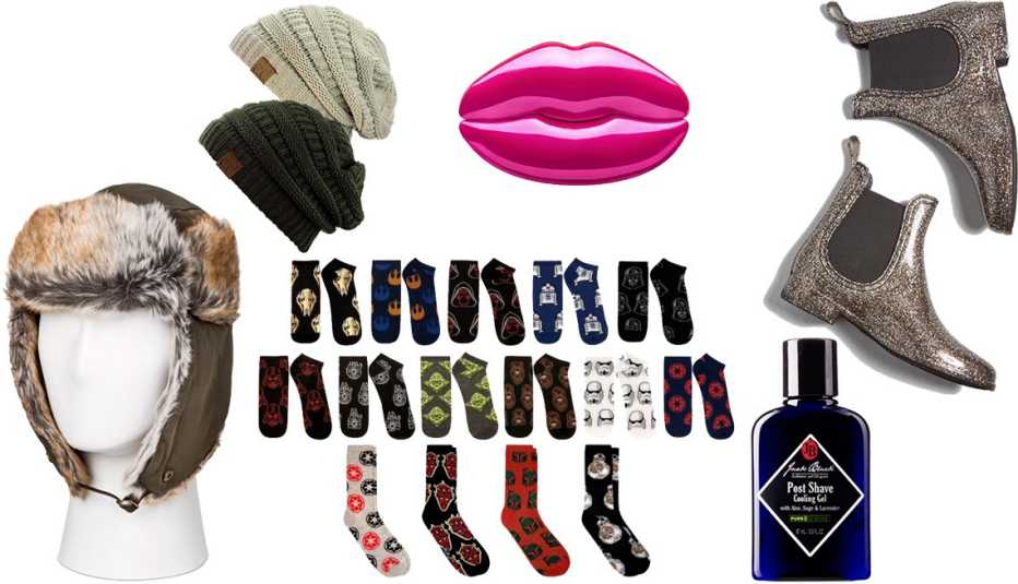  Goodfellow & Co Men's Faux Fur Hat, C.C. Trendy Cable Knit Beanie, KKW Fragrance Hot Pink Lips Eau de Parfum, Glitz Raining, Glitz Pouring Rain Boot in Black Glitter, Jack Black Post Shave Cooling Gel, Men's Star Wars 15 Days of Socks in a Box