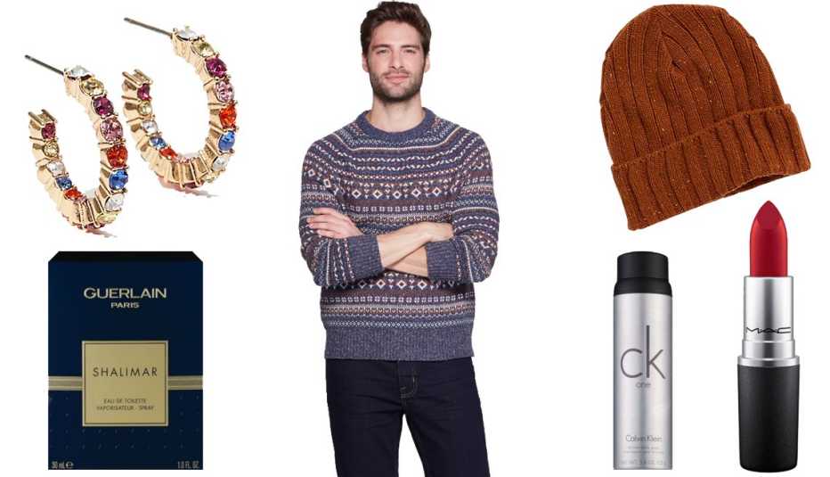 Loft Crystal Hoop Earrings, Guerlain Paris Shalimar Eau de Toilette Spray, Goodfellow & Co Men's Jacquard Standard Fit Fairisle Holiday Sweater, Old Navy Wide-Rib Roll-Cuff Beanie, MAC Retro Matte Lipstick in Ruby Woo, Calvin Klein One All Over Body Spray