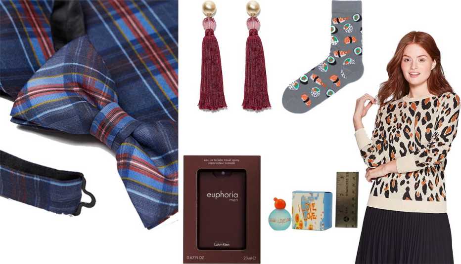 H&M Bow Tie and Handkerchief, Loft Tassel Earrings, H&M Patterned Socks, A New Day Women's Leopard Print Long Sleeve Crewneck Pullover Sweater, I Love Love by Moschino Eau de Toilette Mini, Calvin Klein Euphoria for Men Pocket Spray