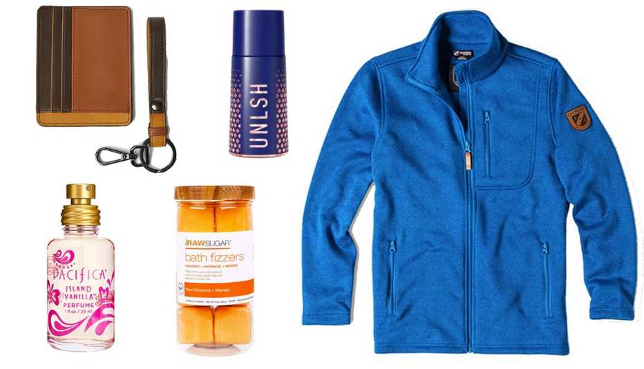 Zara Tri-Color Card Holder and Keychain Set, Vanilla by Pacifica Spray Perfume, Adidas Sport UNLSH, Raw Sugar Raw Coconut and Mango Bath Fizzers, Men's Chamonix Trevoux Fleece