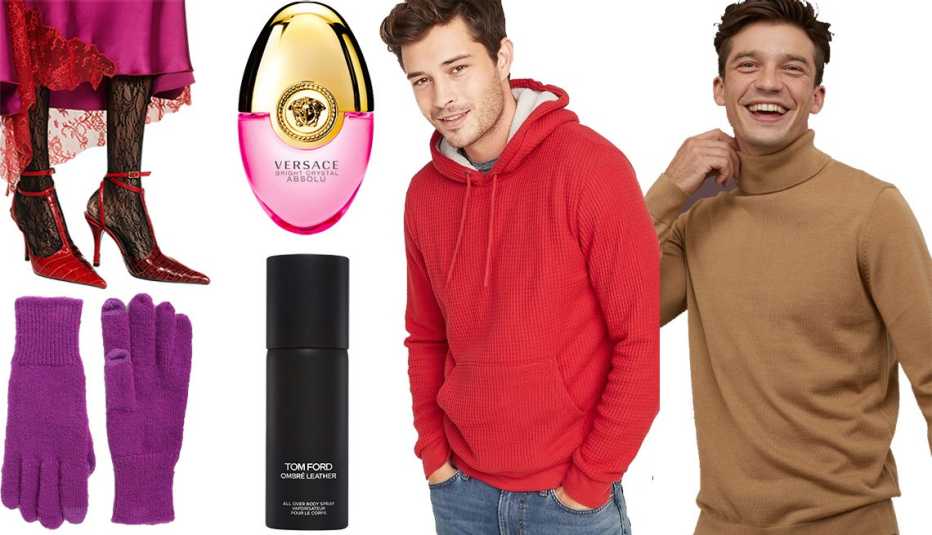 Zara Limited Edition Lace Tights, Old Navy Text-Friendly Sweater-Knit Gloves, Versace Bright Crystal Absolu Ovetto, Tom Ford Ombre Leather All Over Body Spray, Old Navy Sherpa-Lined Thermal Knit Pullover Hoodie, H&M Wool-Blend Turtleneck Sweater