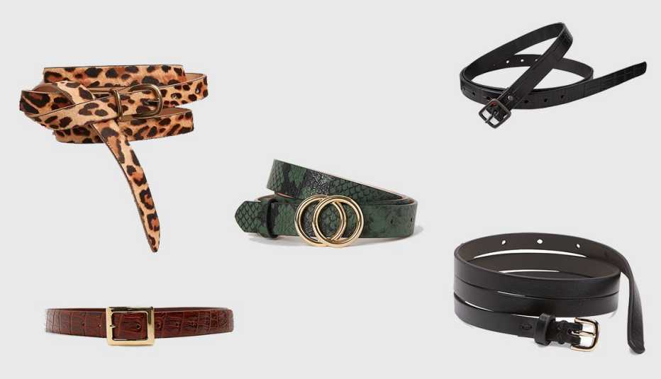 (clockwise): Gap Thin Belt in Leopard Print,  Uniqlo Women Emboss Skinny Belt by Ines de la Fressange, Skinny Faux-Leather Belt for Women, Embossed leather belt in Brandy, H & M Narrow Belt in dark green (center)