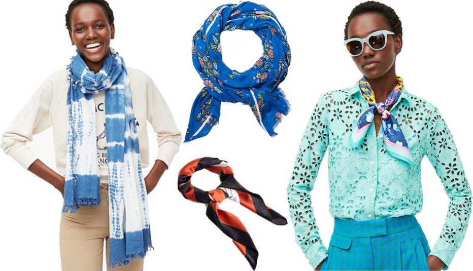 A model wearing a J.Crew organic cotton scarf in tie dye another model wearing a J.Crew square silk scarf in leopard and floral print a Loft Floral Scarf and a Mango chain printed scarf