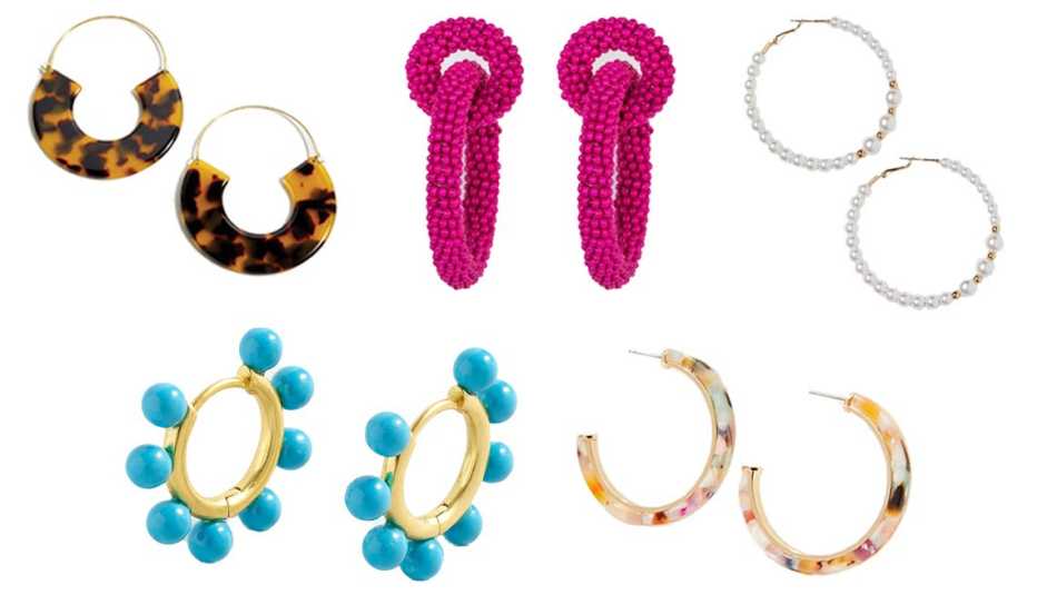 J Crew tortoise hanging hoop earrings Sugar Fix by BaubleBar Beaded Double Hoop Earrings H and M Hoop Earrings J Crew pearl charm huggie hoops and Loft Rainbow Resin Hoop Earrings