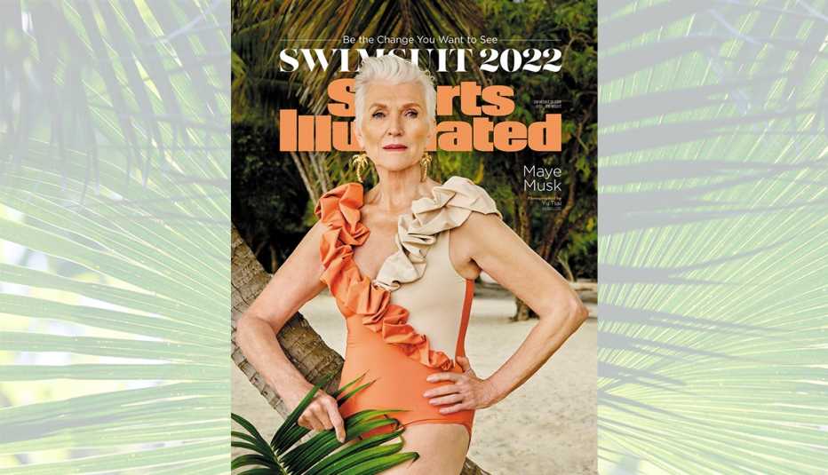 the cover of the sports illustrated swimsuit issue featuring maye musk who is a seventy four year old model
