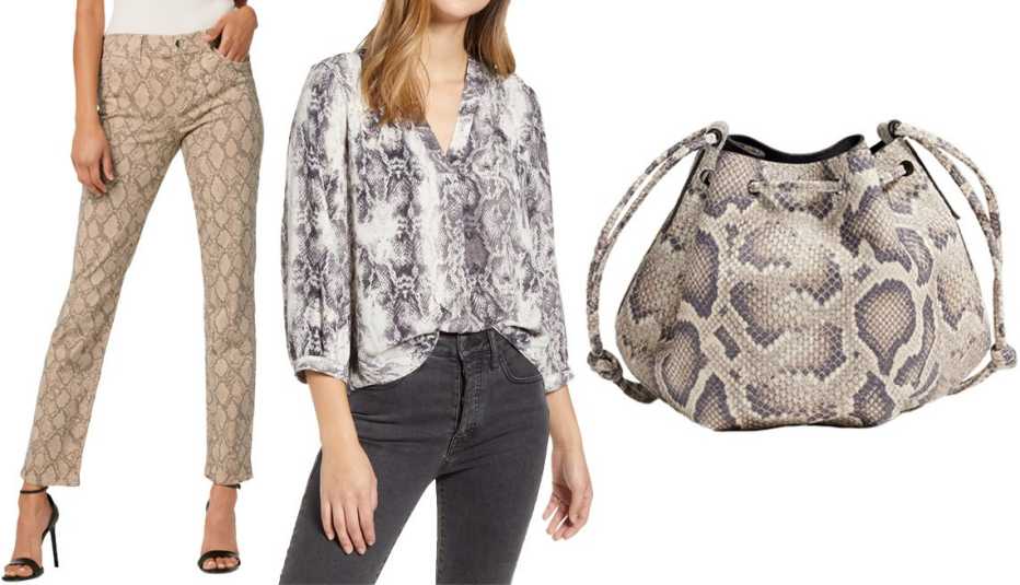 Joe’s Jeans The Lara Mid-Rise Cigarette Ankle in Vesper; Vince Camuto Snake Print Rumple Blouse; Banana Republic Pietra Bucket Bag in Python Joe’s Jeans The Lara Mid-Rise Cigarette Ankle in Vesper; Vince Camuto Snake Print Rumple Blouse; Banana Republic Pietra Bucket Bag in Python