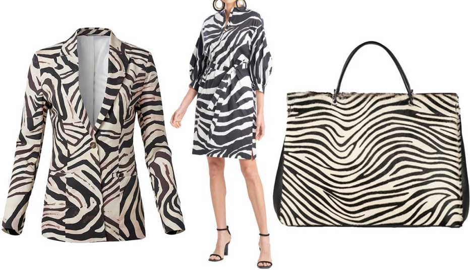 Venus Zebra Print Blazer; Natori Zebra Cotton Poplin Balloon Sleeve Belted Shirtdress; Wolf & Badger Zebra Print Hair on Leather Grab Shoulder Bag Venus Zebra Print Blazer; Natori Zebra Cotton Poplin Balloon Sleeve Belted Shirtdress; Wolf & Badger Zebra Print Hair on Leather Grab Shoulder Bag