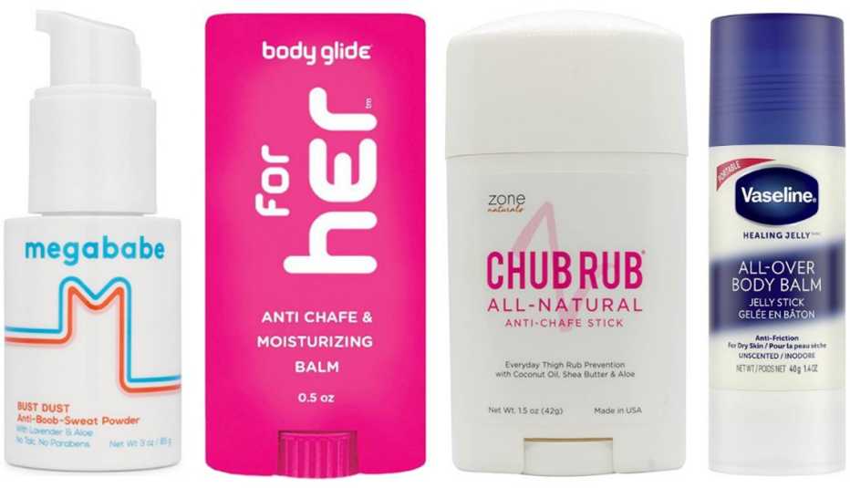 Megababe Bust Dust Anti-Boob-Sweat Spray; Body Glide for Her Anti-Chafe & Moisturizing Balm; MedZone Chub Rub All Natural Anti-Chafe Stick; Vaseline Healing Jelly all-Over-Body-Balm Stick Megababe Bust Dust Anti-Boob-Sweat Spray; Body Glide for Her Anti-Chafe & Moisturizing Balm; MedZone Chub Rub All Natural Anti-Chafe Stick; Vaseline Healing Jelly all-Over-Body-Balm Stick