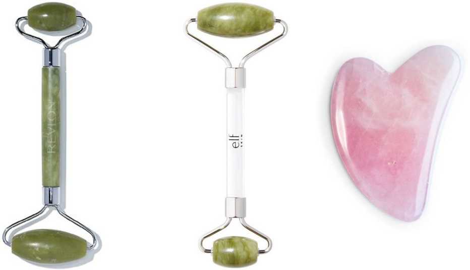 Revlon Cool & Depuff Jade Stone Facial Roller; e.l.f. Skin Jade Roller; Zoe Ayla Gua Sha-Rose Quartz