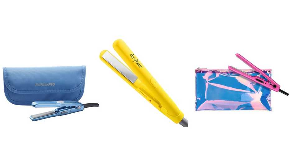 BaBylissPRO Mini Straightening Iron with Traveling Pouch and Drybar The Tiny Press Compact Detailing Iron and Conair True Glow Glam .05 Inch Ceramic Flat Iron with Pouch