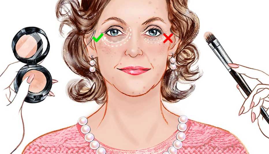Woman applies concealer under her eyes and on cheeks with makeup brush