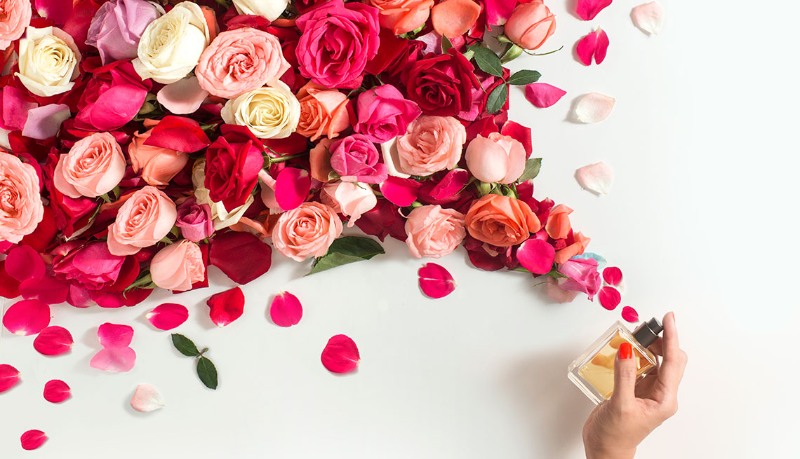 Women's hand spraying mist of rose in mid-air on white background