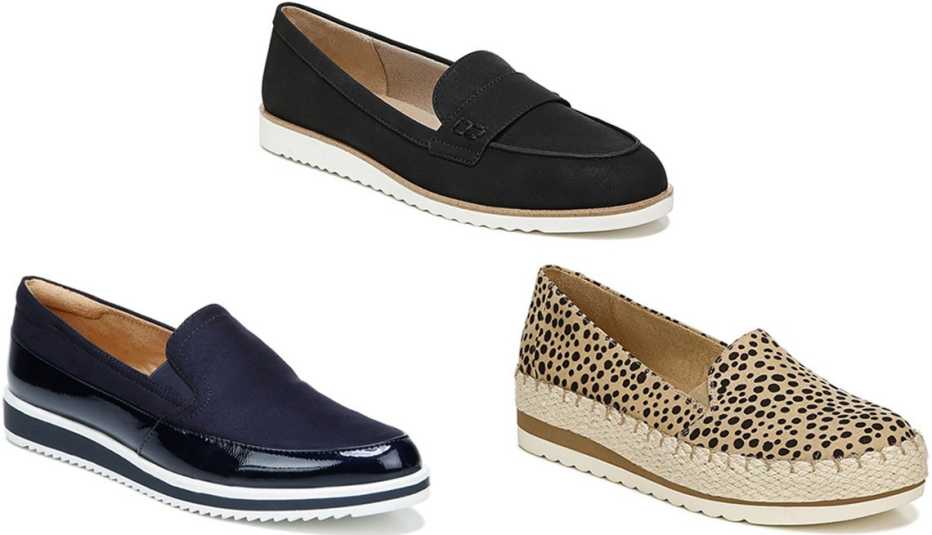 Naturalizer Rome Slip-On in French Navy; LifeStride Zee Loafer in black; Dr. Scholl’s Discovery Platform Slip-On in Brown/Black Leopard Print Naturalizer Rome Slip-On in French Navy; LifeStride Zee Loafer in black; Dr. Scholl’s Discovery Platform Slip-On in Brown/Black Leopard Print