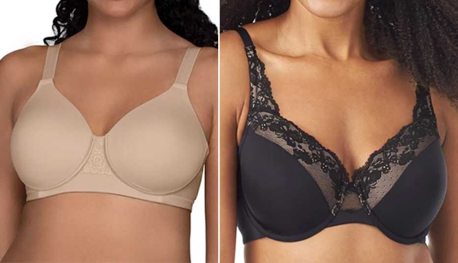 Vanity Fair Beauty Back Back Smoother Full-Figure Wireless Bra 71380 in Damask ($46, kohls.com); Olga by Warner’s Bras: Cloud 9 Full-Figure Underwire Bra GF7961A in Black ($42, kohls.com)