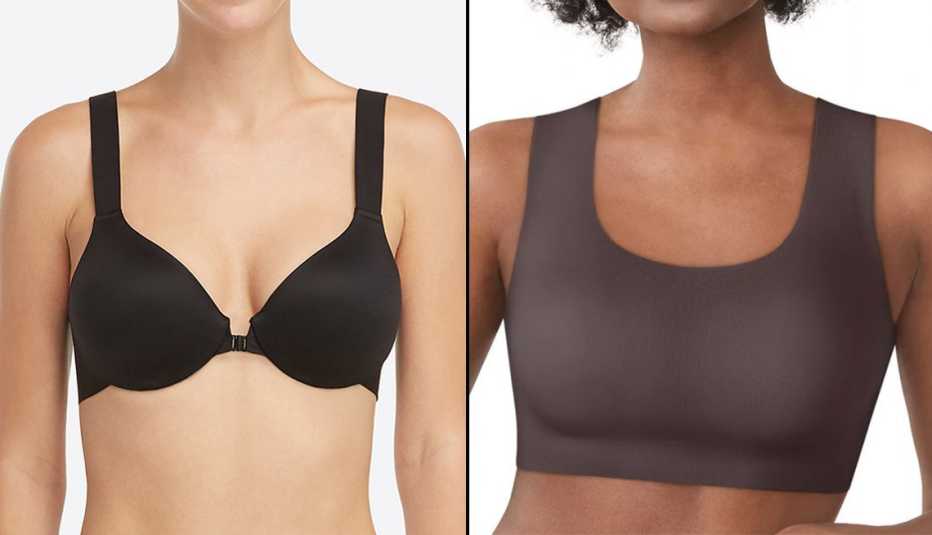 Spanx Bra-llelujah! Lightly Lined Full Coverage Bra in Very Black; Bali Comfort Revolution Easylite Seamless Wireless Bra DF3491 in Warm Cocoa