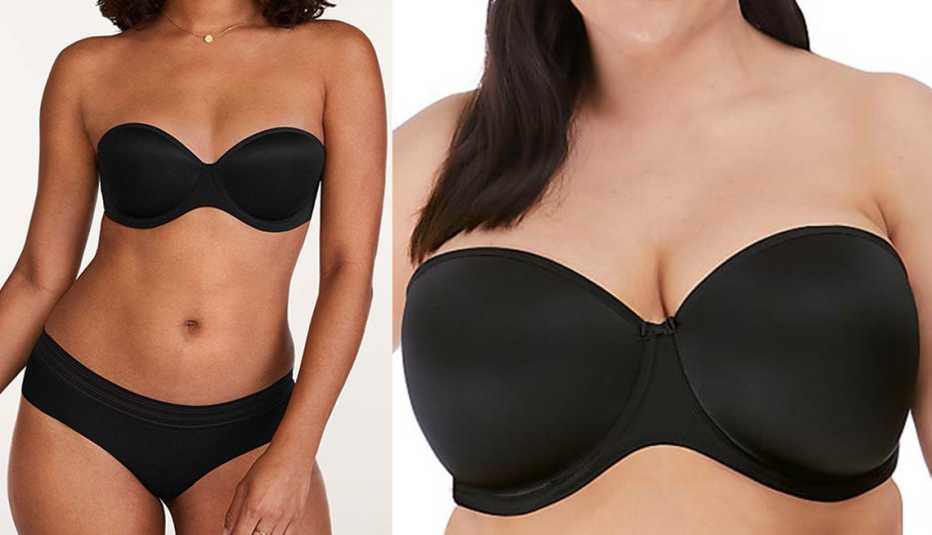 ThirdLove 24/7 Classic Strapless Bra in Black; Elomi Smoothing Strapless Bra in Black