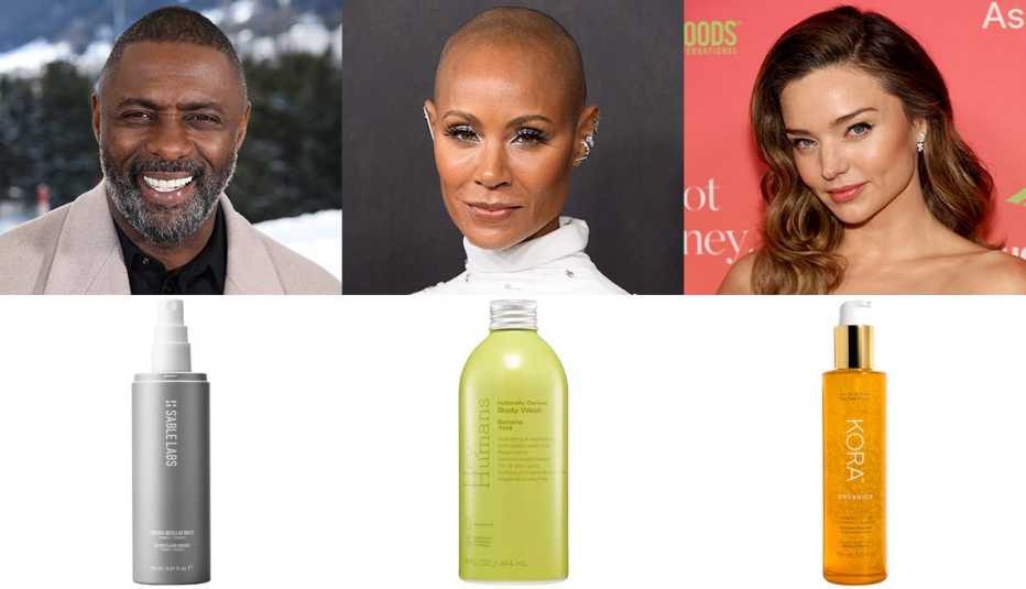 Idris Elba above a spray bottle of S’Able Rooibos Micellar Water, Jada Pinkett Smith above a bottle of Hey Humans Banana Aloe Hydrating Body Wash and Miranda Kerr above a bottle of Kora Organics Turmeric Glow Foaming Cleanser Idris Elba above a spray bottle of S’Able Rooibos Micellar Water, Jada Pinkett Smith above a bottle of Hey Humans Banana Aloe Hydrating Body Wash and Miranda Kerr above a bottle of Kora Organics Turmeric Glow Foaming Cleanser