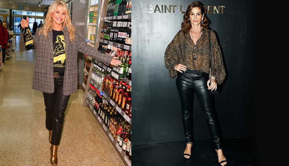 Christie Brinkley and Cindy Crawford dressed up and cheerful. 