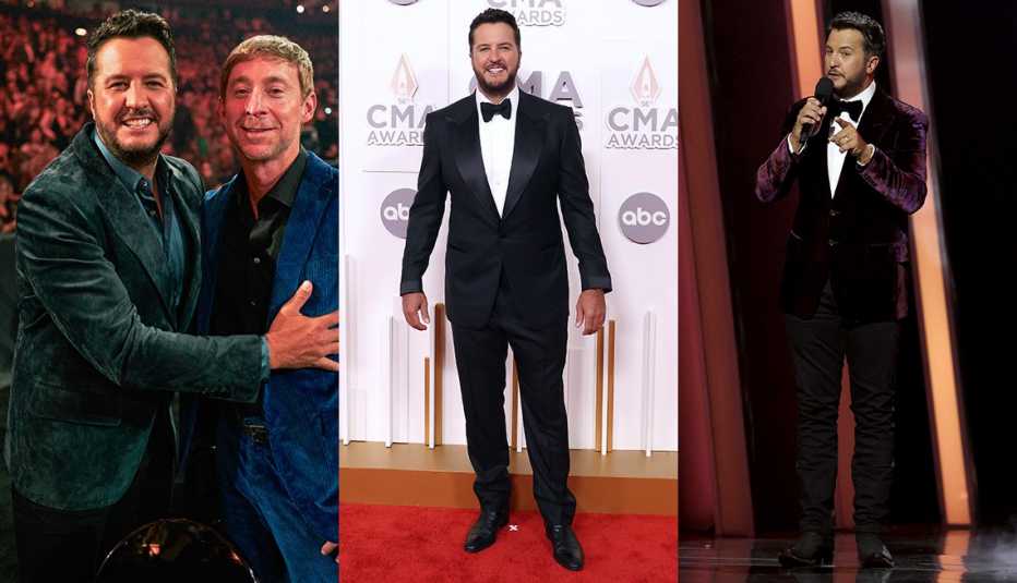 Side by side images of Luke Bryan in a green suede blazer with Ashley Gorley, in a tuxedo on the red carpet and in a burgundy dress jacket at the 56th annual CMA Awards Side by side images of Luke Bryan in a green suede blazer with Ashley Gorley, in a tuxedo on the red carpet and in a burgundy dress jacket at the 56th annual CMA Awards