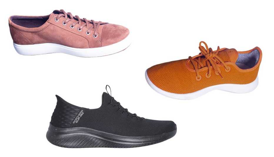 Ecco Soft 7; Allbirds Tree Runner; Skechers Hands Free Slip-ins Ultra Flex 3.0