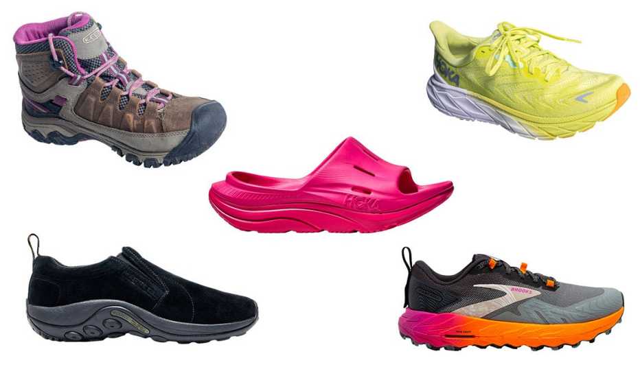 Keen Targhee III Waterproof mid-height; Smooshy Hoka Arahi 6; Ora Recovery Slide 3; Merrell Jungle Mocs; Brooks Cascadia Keen Targhee III Waterproof mid-height; Smooshy Hoka Arahi 6; Ora Recovery Slide 3; Merrell Jungle Mocs; Brooks Cascadia