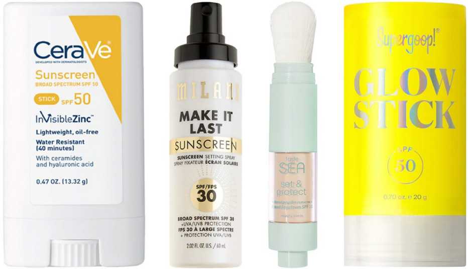 CeraVe Invisible Zinc Sunscreen Stick for Face SPF 50; Milani Make It Last Sunscreen Setting Spray SPF 30; Tarte Sea Set & Protect Mineral Sunscreen Powder SPF 30; Supergoop! Glow Stick Sunscreen SPF 50