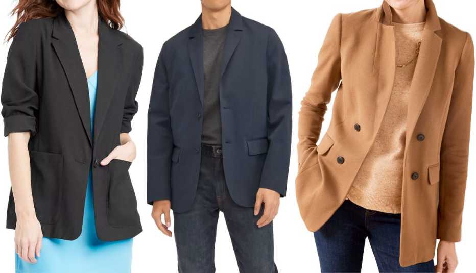 A New Day Women’s Relaxed Fit Essential Blazer in Black; Everlane Men Performance Chino Blazer in Deep Navy; Talbots Easy Knit Blazer in Deep Almond Buff A New Day Women’s Relaxed Fit Essential Blazer in Black; Everlane Men Performance Chino Blazer in Deep Navy; Talbots Easy Knit Blazer in Deep Almond Buff