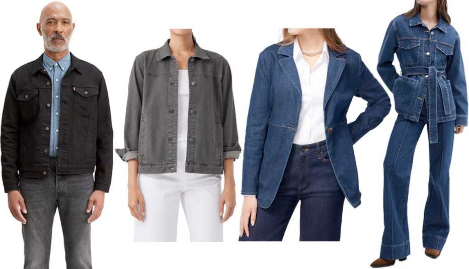 Levi’s Premium Men’s Trucker Jacket in Dark Horse-Black; Eileen Fisher Organic Cotton Stretch Denim Jacket in Carbon; Chico’s Denim Blazer in Sycamore Indigo; Mango Women’s Denim Jacket With Belt in Dark Blue