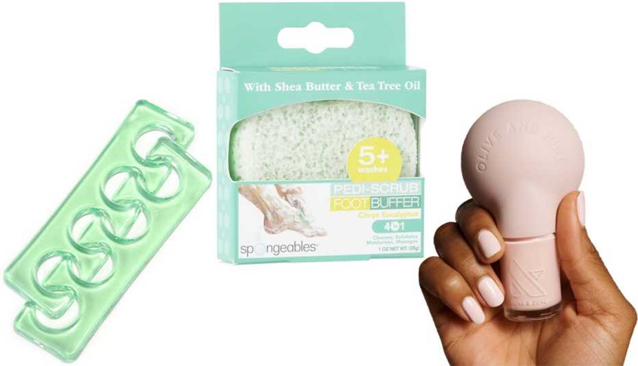 Rolabling Toe Separators; Spongeables Pedi-Scrub in A Sponge Foot Buffer 5+; Olive & June The Poppy Manicure Tool
