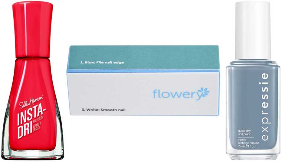 Sally Hansen Insta-Dri Nail Color; Flowery Blue Max 4-Way Buffing Block; Essie Expressie Quick-Dry Nail Polish