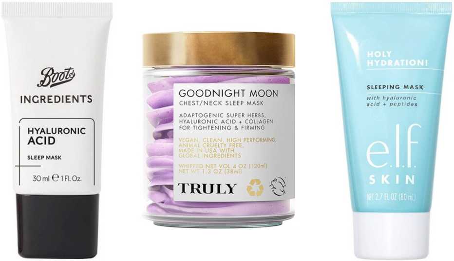 Boots Ingredients Hyaluronic Sleep Mask; Truly Goodnight Moon Chest/Neck Sleep Mask; e.l.f. Holy Hydration! Sleeping Mask Boots Ingredients Hyaluronic Sleep Mask; Truly Goodnight Moon Chest/Neck Sleep Mask; e.l.f. Holy Hydration! Sleeping Mask