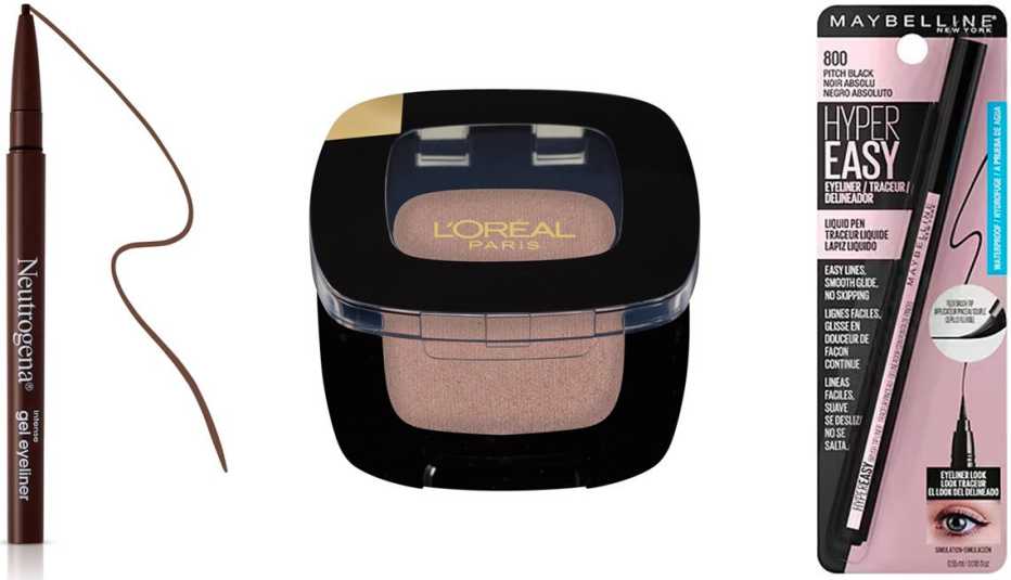 Neutrogena Intense Gel Eyeliner, Smudge and Water Resistant in Dark Brown; L'Oréal Paris Couleur Riche Monos Eye Shadow in Cafe Au Lait; Maybelline Eye Studio Hyper Easy Liquid Eyeliner in Pitch Black