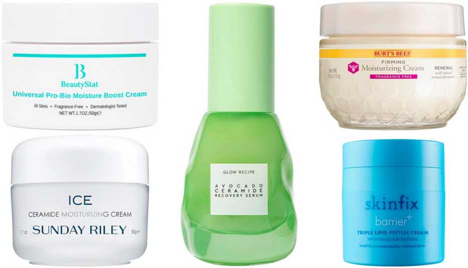 Sunday Riley Ice Ceramide Moisturizing Cream; BeautyStat Universal Pro-Bio Moisture Boost Cream; Glow Recipe Avocado Ceramide Recovery Serum; Burt’s Bees Renewal Firming Moisturizing Cream - Fragrance Free; Skinfix Barrier+ Triple Lipid Peptide-Cream