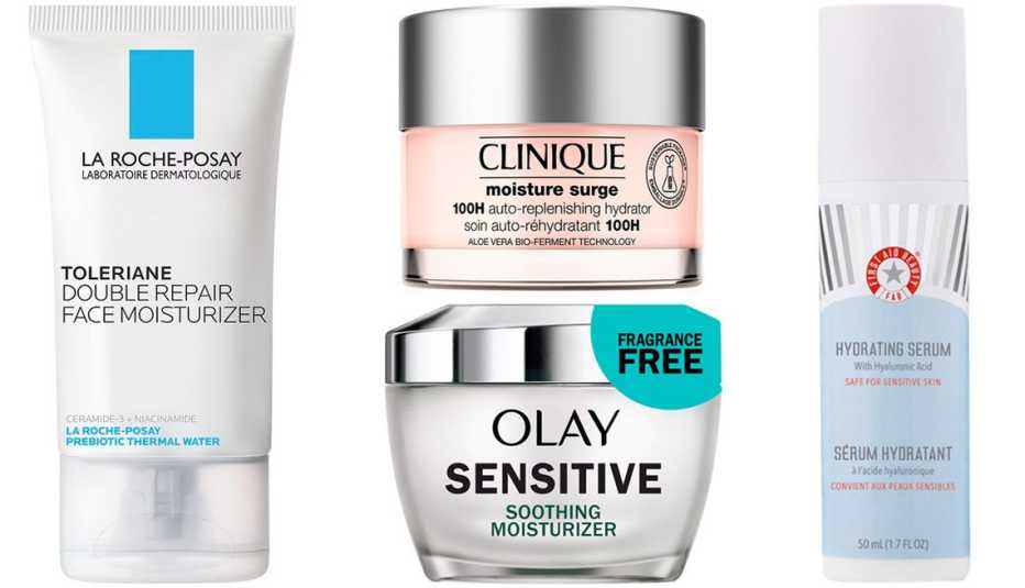 La Roche-Posay Toleriane Double Repair Face Moisturizer; Clinique Moisture Surge 100-Hour Auto-Replenishing Hydrator; First Aid Beauty Ultra Repair Hydrating Serum; Olay Sensitive Soothing Moisturizer Fragrance-Free