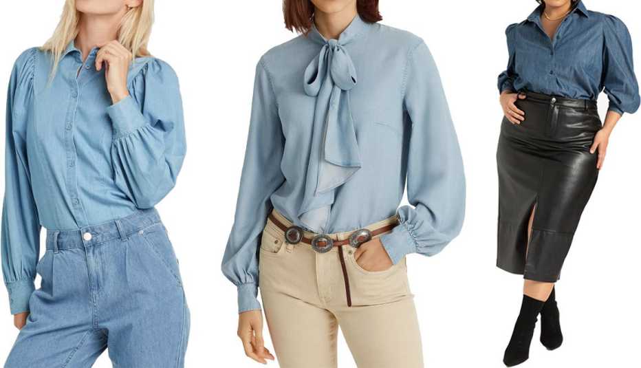 Who What Wear Women’s Ruffle Long Sleeve Button-Down Shirt; Lauren Ralph Lauren Chambray Bow Neck Top in Indigo Mist Wash; Eloquii Puff Sleeve Chambray Button Down in Medium Wash Who What Wear Women’s Ruffle Long Sleeve Button-Down Shirt; Lauren Ralph Lauren Chambray Bow Neck Top in Indigo Mist Wash; Eloquii Puff Sleeve Chambray Button Down in Medium Wash