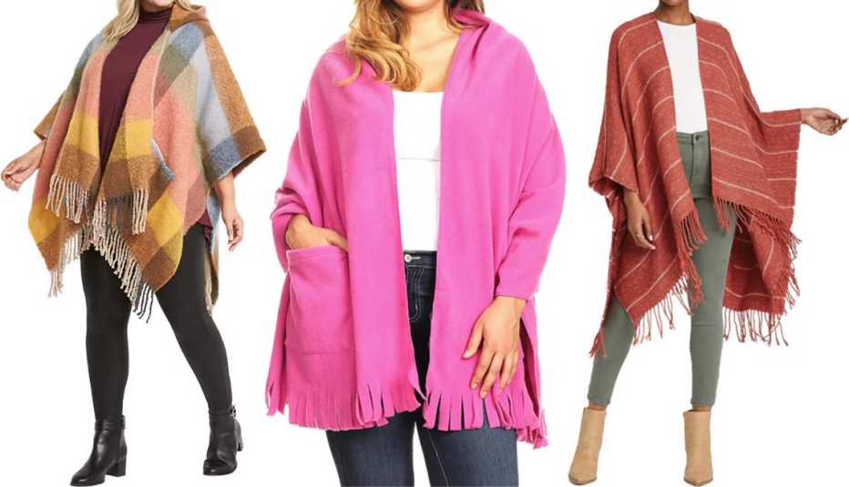 Lane Bryant Checkered Poncho with Hood; White Mark Women’s Three Quarter Sleeve V-Neck Wrap Sweater in Pink; Universal Thread Stripe Wrap Jacket in Rust Lane Bryant Checkered Poncho with Hood; White Mark Women’s Three Quarter Sleeve V-Neck Wrap Sweater in Pink; Universal Thread Stripe Wrap Jacket in Rust