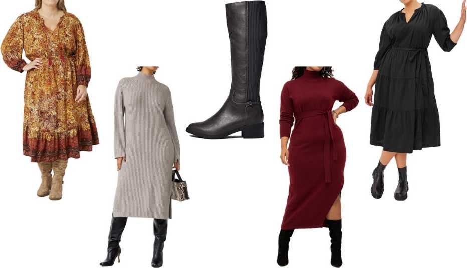 Frye and Co Women’s Plus Long Sleeve Midi Boho Dress in Floral Combo; & Other Stories Mock Neck Midi Dress in Grey; LifeStride Bristol in Stone Grey; Eloquii Elements Women’s Plus Size Long Funnel Neck Sweater Dress in Rhubarb; Gap Tiered Tie-Waist Midi Dress in Black
