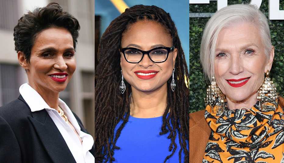 Side by side images of Farida Khelfa, Ava DuVernay and Maye Musk wearing red lipstick