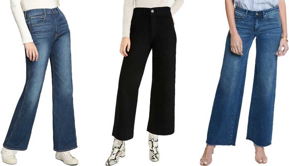 Gap High Rise Vintage Flare Jeans in dark indigo; Ann Taylor Sculpting Pocket High Rise Wide Leg Jeans in jet black wash; NYDJ Teresa Fray Hem Wide Leg Jeans in lazaro