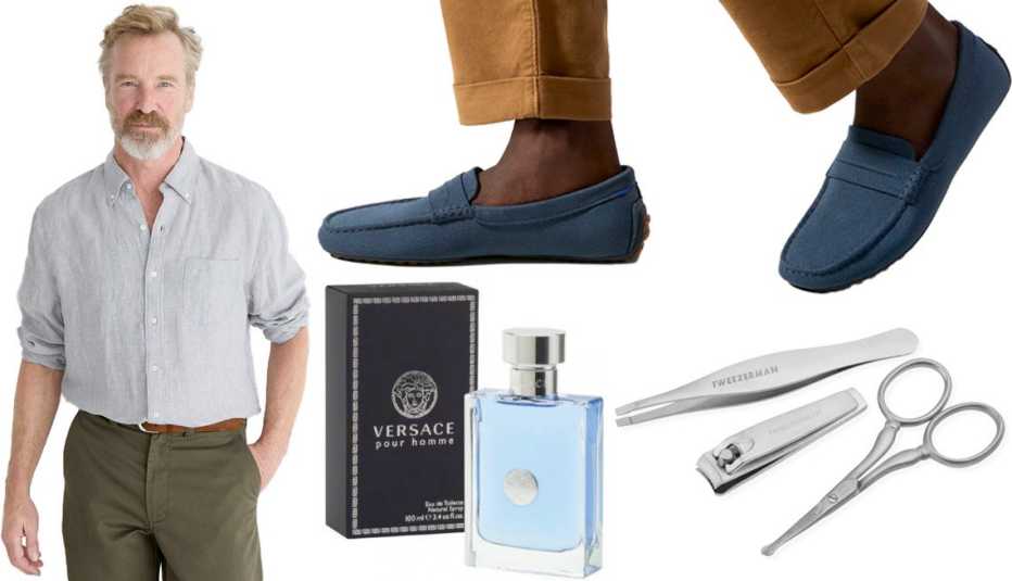 J. Crew Baird McNutt Irish Linen Shirt, Classic Fit; Rothy’s The Driving Loafer for Men in Navy; Tweezerman Men’s Ultimate Grooming Kit; Versace Pour Homme Eau de Toilette for Men