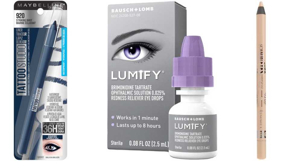 Maybelline TattooStudio Waterproof Longwearing Eyeliner Pencil in Striking Navy; Bausch & Lomb Lumify Red Reliever Eye Drops; Rimmel Scandal Eyes Waterproof Eyeliner in Nude